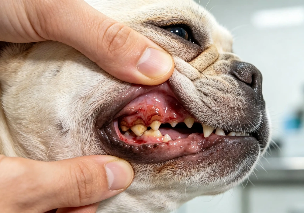 A close-up inspection of a dog's dark brick red gums showing signs of systemic hyperperfusion and peripheral vasodilatio-1