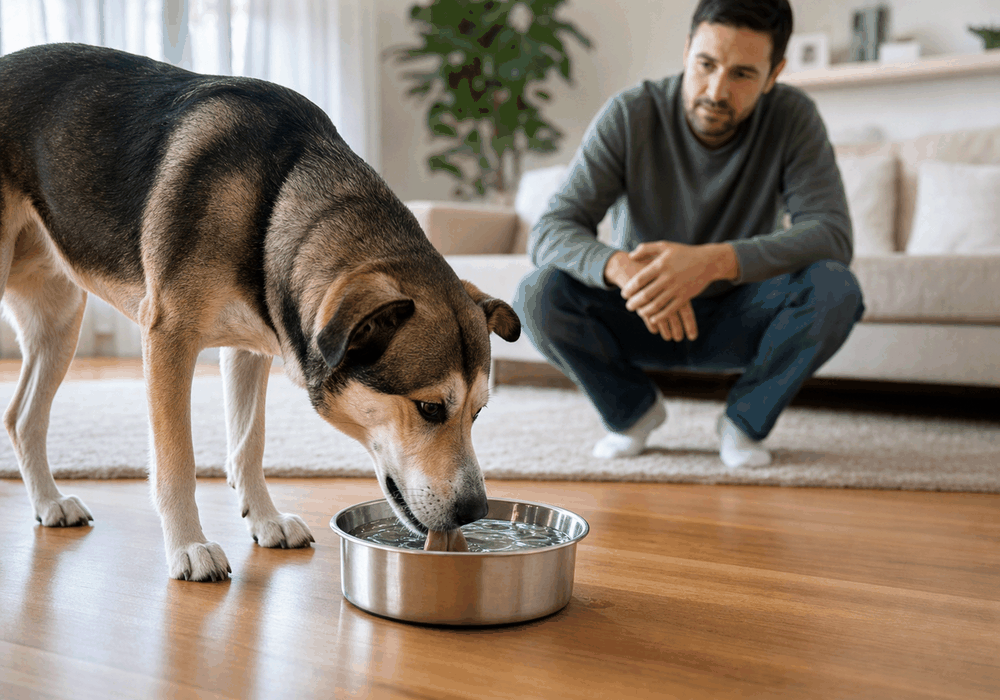 A dog drinking water from a bowl while an owner checks dehydration symptoms at home-1