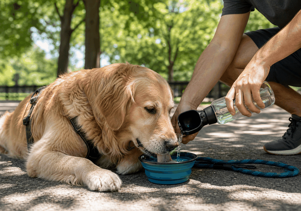 A dog resting in the shade and drinking water after a warm weather walk-1