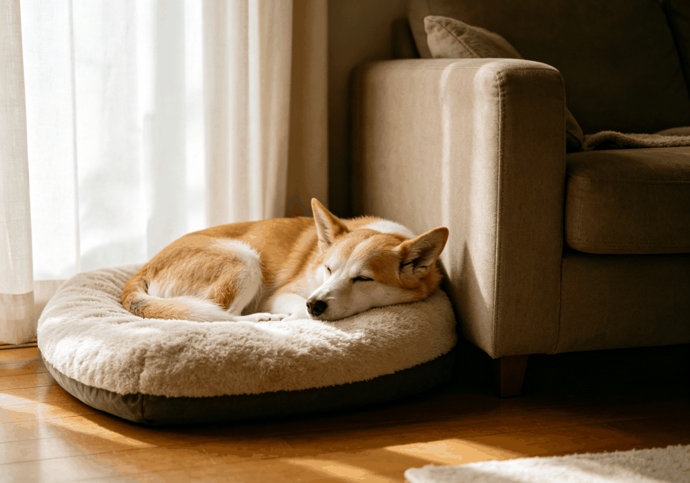 A relaxed dog resting quietly at home while owners learn normal breathing rate for dogs at rest