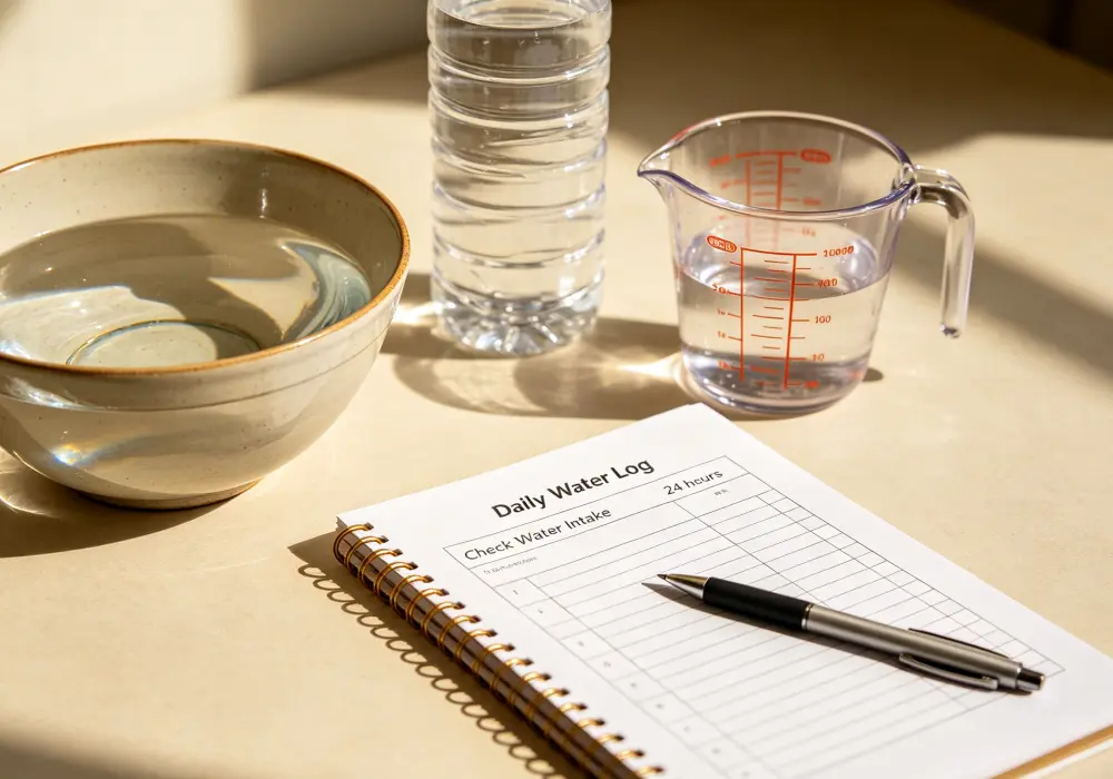 A simple water intake log with a dog bowl measuring cup and notebook for tracking dog drinking habits