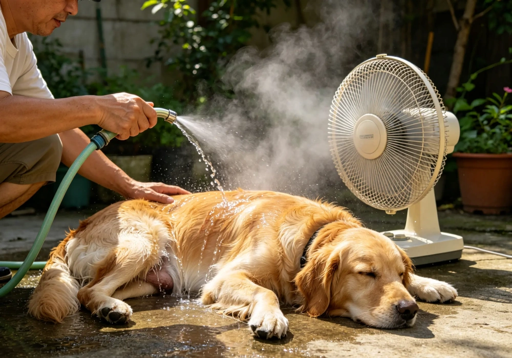 An owner applying supportive emergency cooling using cool water and a running fan to a heat-stressed dog-1