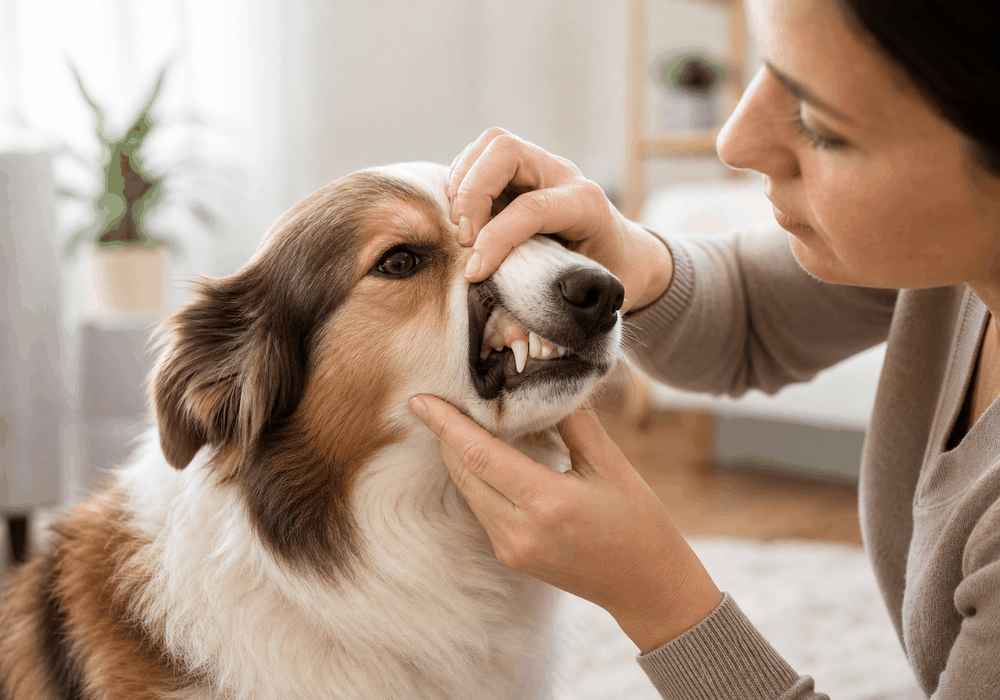 An owner gently checking a dog's gums for moisture and color as part of a dehydration checklist-1