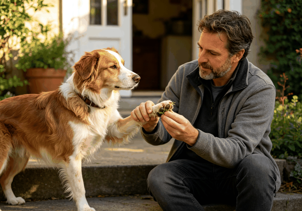 Checking a dog paw after outdoor walking for grass seeds irritation or small injuries