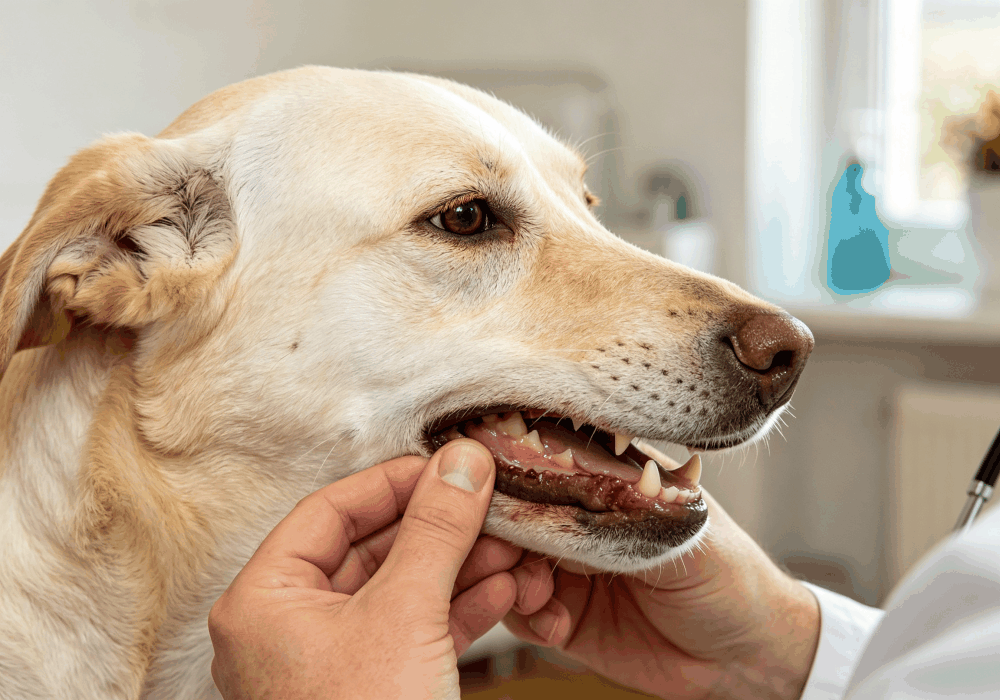 Checking a dog’s gums for dehydration signs during stomach upset