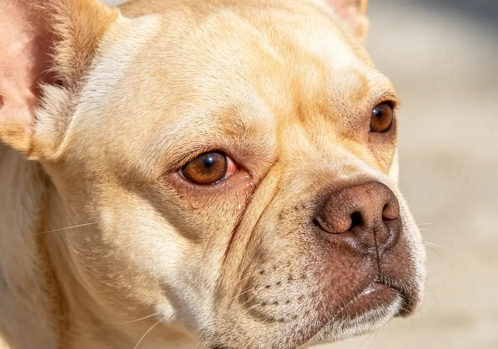 Close-up of a dog eye showing watery discharge and possible irritation