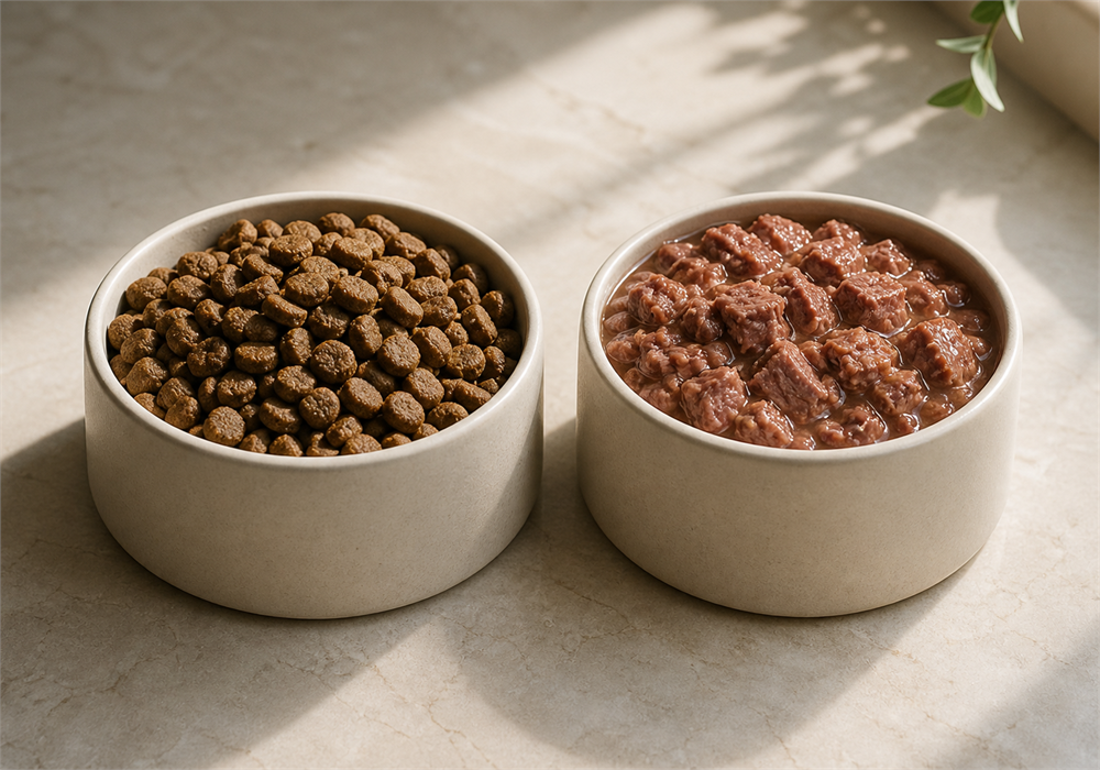 Comparing dry dog food kibble and premium wet canned dog food to calculate nutritional values on a dry matter basis