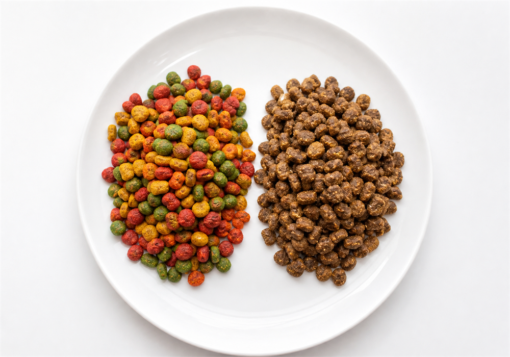 Contrasting artificially colored dog food kibble containing chemical dyes with all-natural brown dog kibble Comparing dry dog food kibble and premium wet canned dog food to calculate nutritional values on a dry matter basis