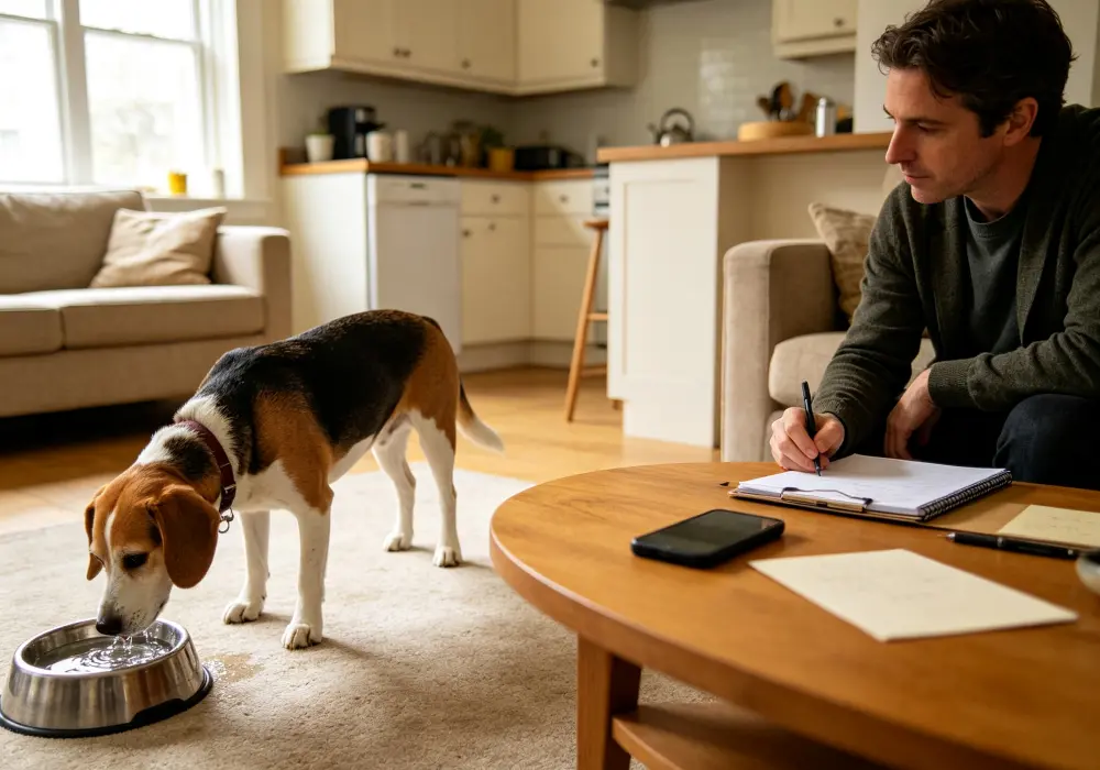Dog drinking water from a bowl while the owner watches and tracks daily water intake