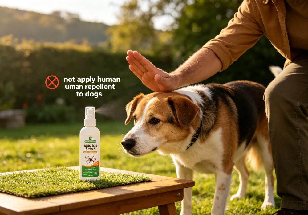 Dog kept away from a bottle of human insect repellent