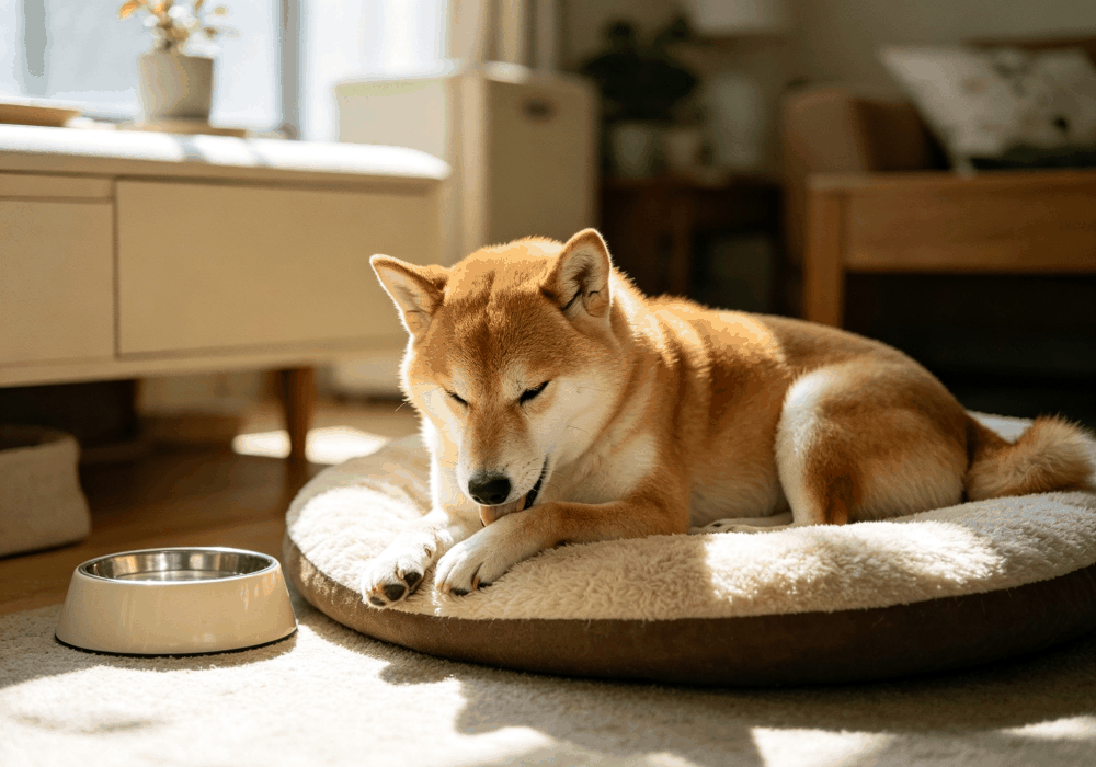 Dog licking his paw while resting at home