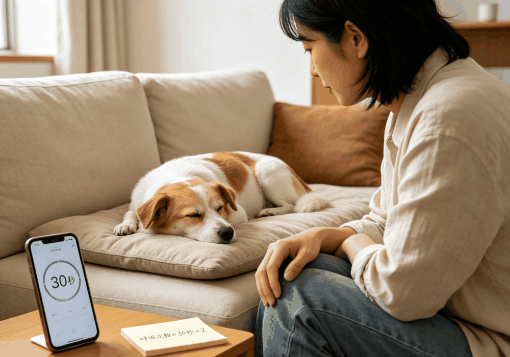 Dog owner counting a resting dog's breaths at home using a timer