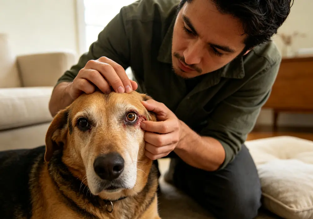 Dog owner gently checking a dog's eye for redness, discharge, or irritation