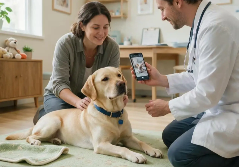 Dog owner showing home observation videos to a veterinarian during an examination