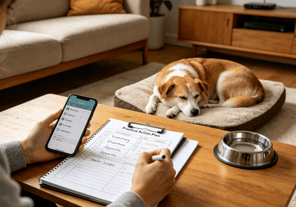 Dog owner writing a symptoms checklist for vomiting diarrhea and appetite changes