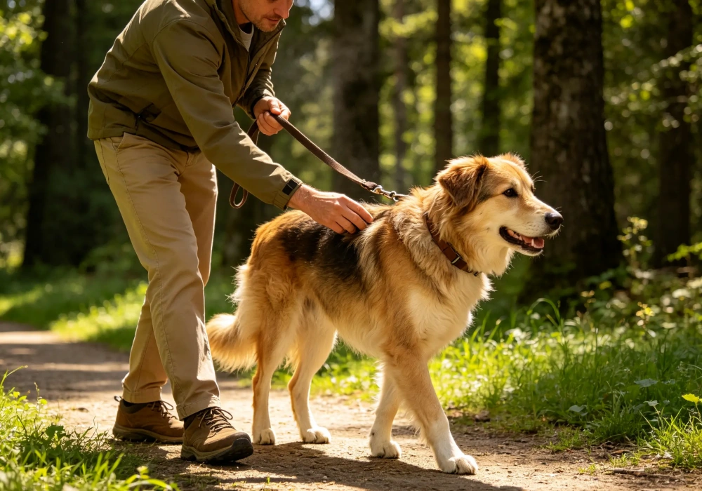 Owner checking a dog for ticks after an outdoor walk3
