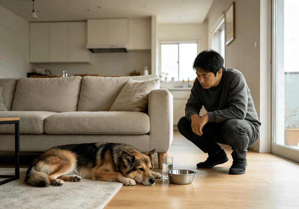 Owner checking a dog with possible upset stomach symptoms at home