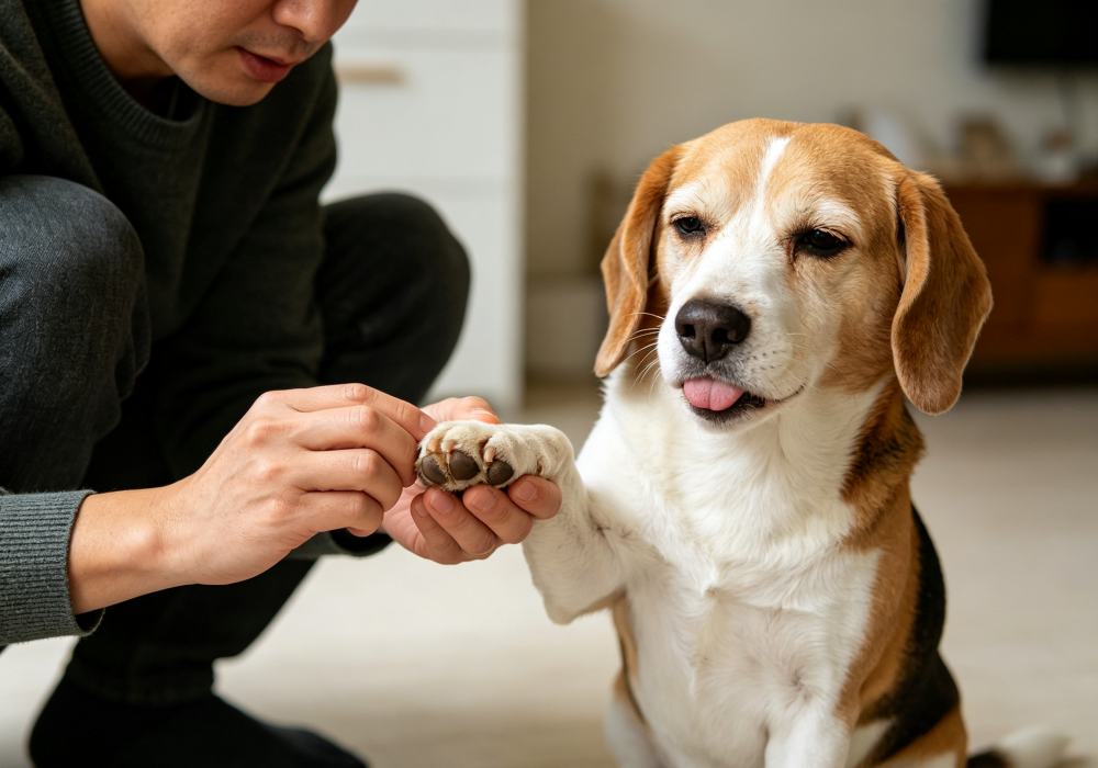 Owner gently checking a dog paw to understand why the dog is licking his paws