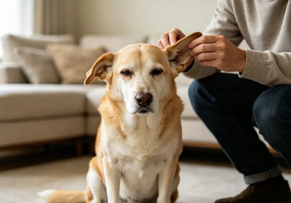 Owner gently checking a dog's ear for redness, odor, discharge, and other ear infection symptoms