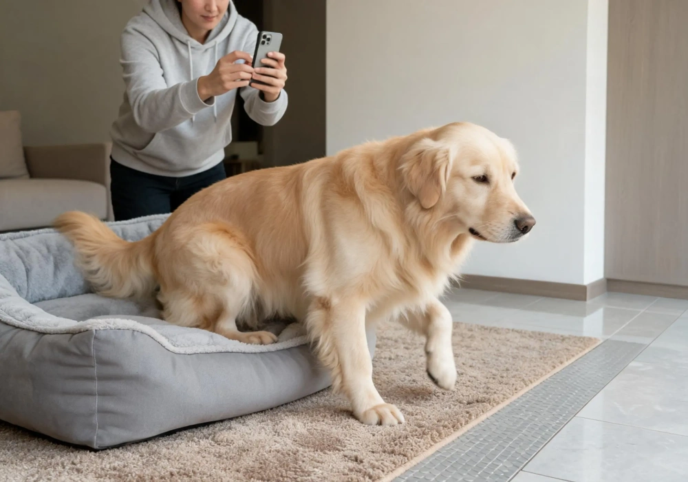 Owner observing a panting dog showing possible signs of anxiety or pain
