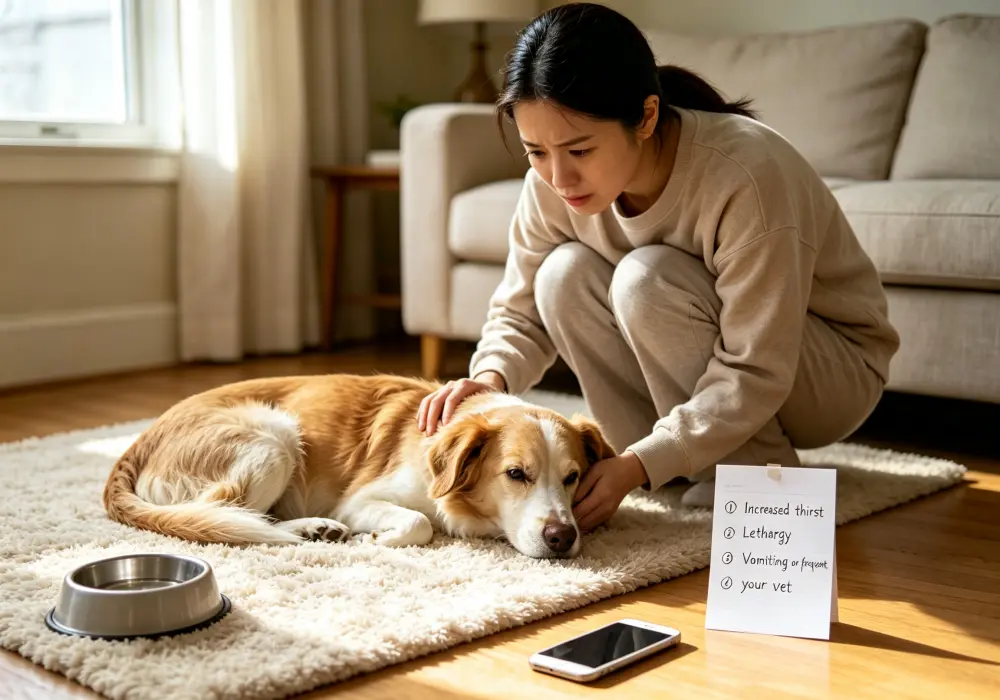 Tired dog lying near a water bowl while the owner checks for signs that may need veterinary attention