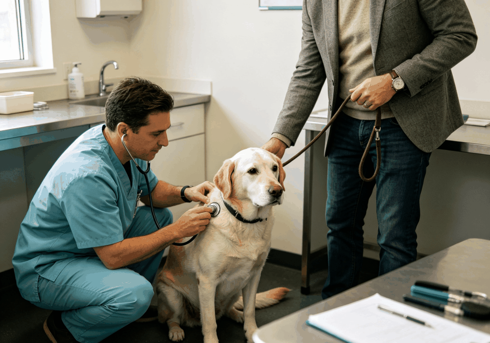Veterinarian checking a dog's breathing and chest during a health exam