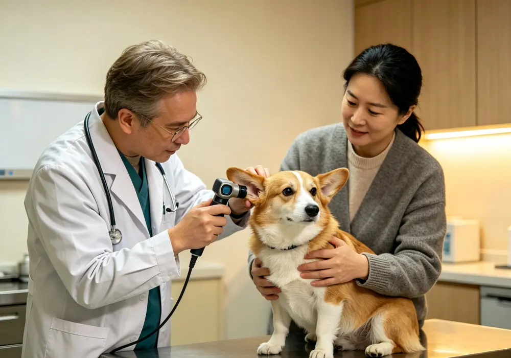 Veterinarian examining a dog's ear with an otoscope to check for infection or eardrum problems