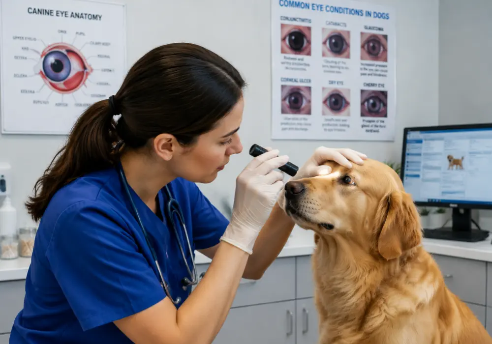 Veterinarian examining a dog's eye during a clinical checkup