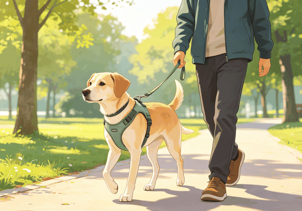 dog wearing harness walking