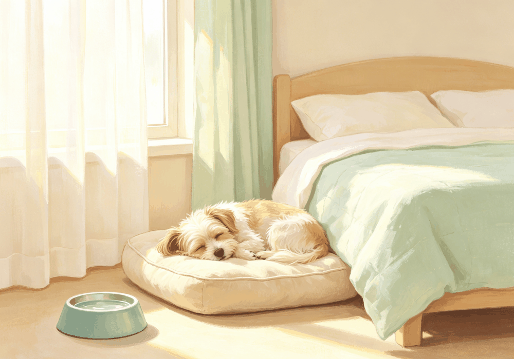 sick dog resting at home water bowl