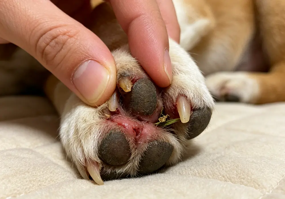 Close-up of an owner checking between a dog's toes for swelling or a foreign object