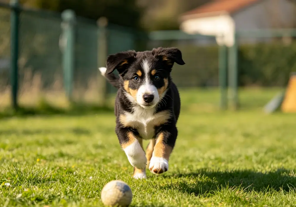Healthy puppy playing outdoors with clear eyes and an active gait