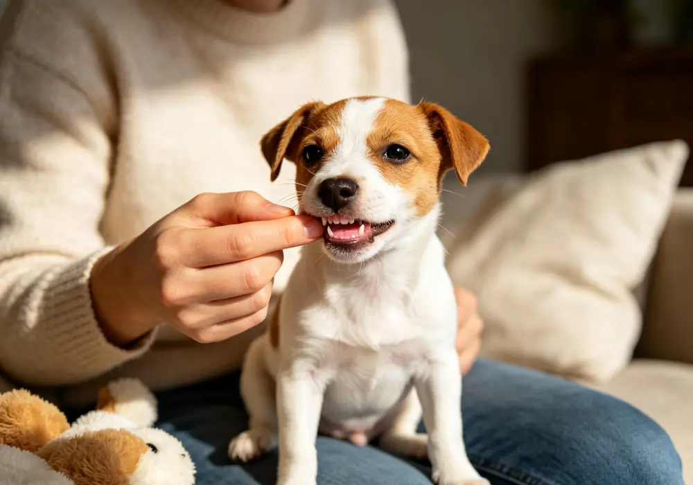 Owner checking a healthy puppy's pink gums at home
