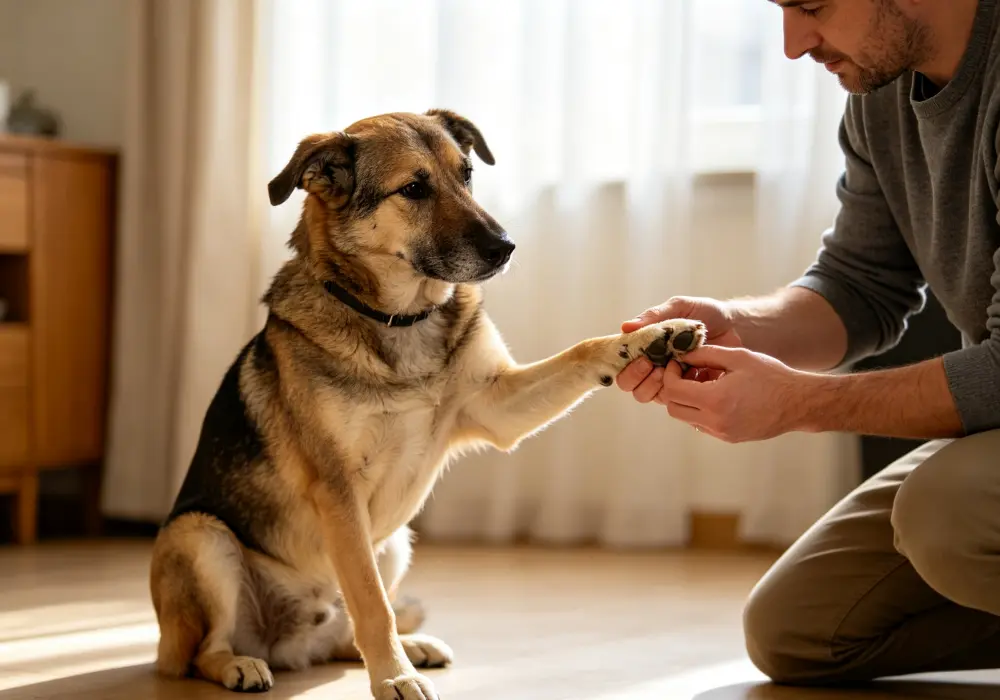 Owner gently checking the paw of a dog that is limping and licking its paw