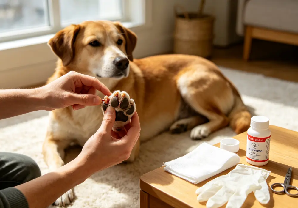 Owner gently examining a dog’s broken nail at home
