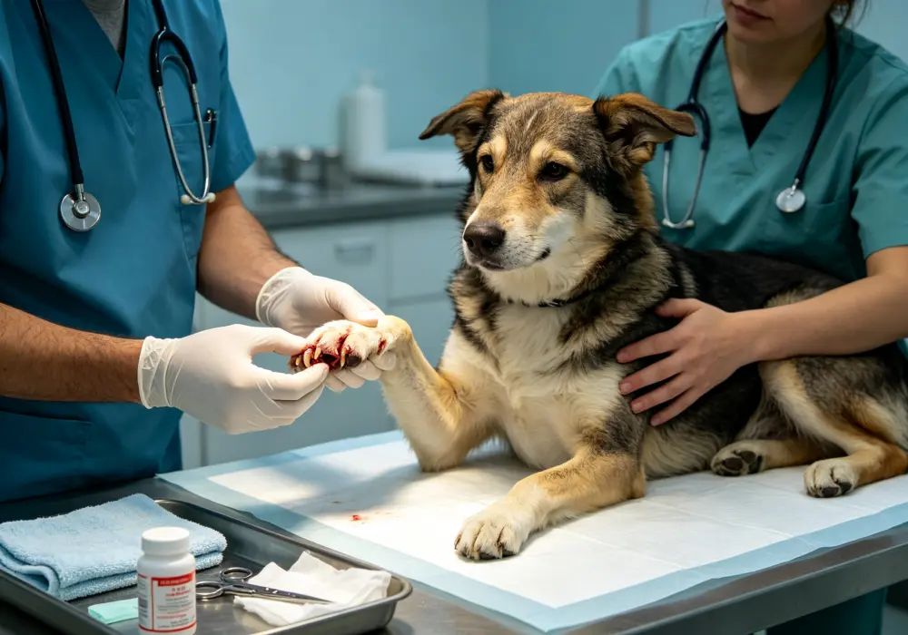 Veterinarian examining and treating a dog with a broken nail