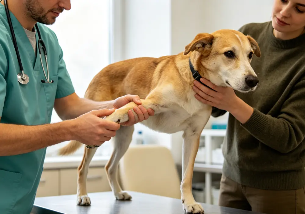 Veterinarian examining the paw and leg of a limping dog at a veterinary clinic