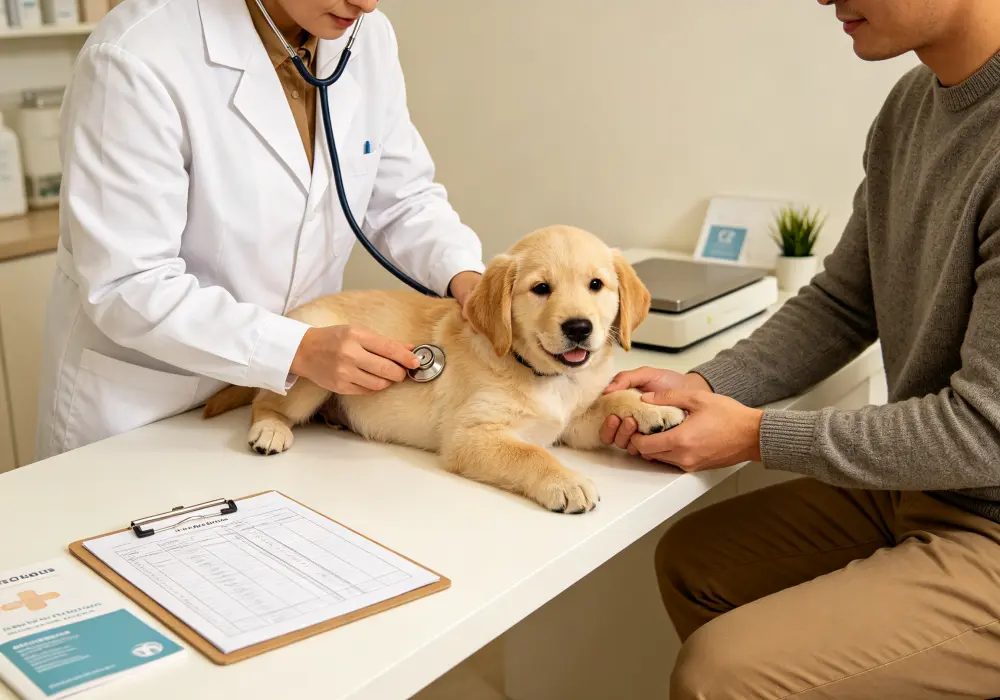 Veterinarian performing a routine health examination on a puppy
