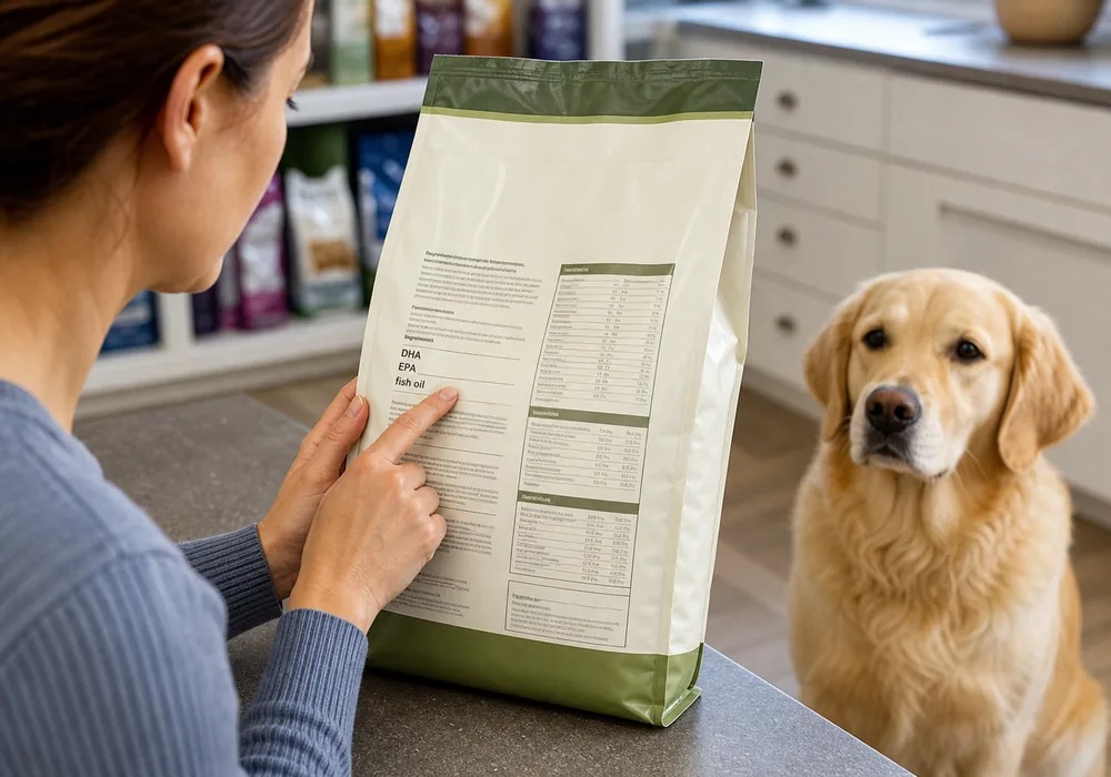 Dog owner checking a pet food label for DHA and EPA content