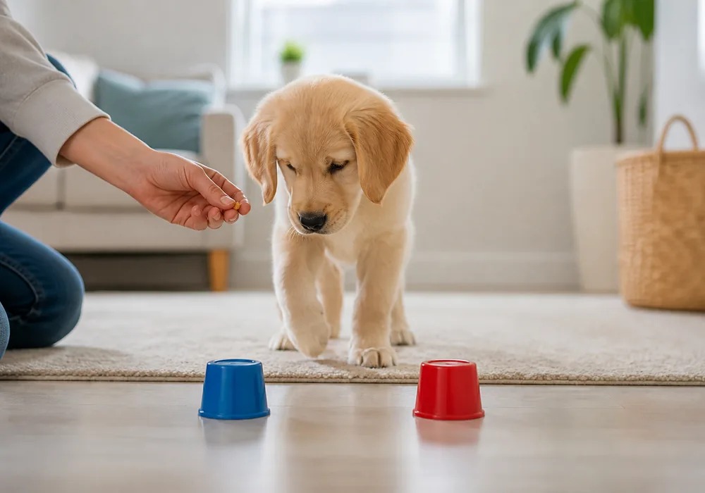Puppy completing a simple training exercise while eating DHA-rich dog food
