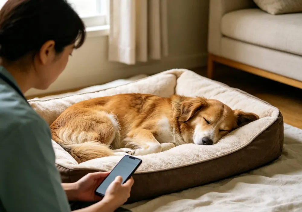 Owner counting the breaths of a dog breathing fast while sleeping