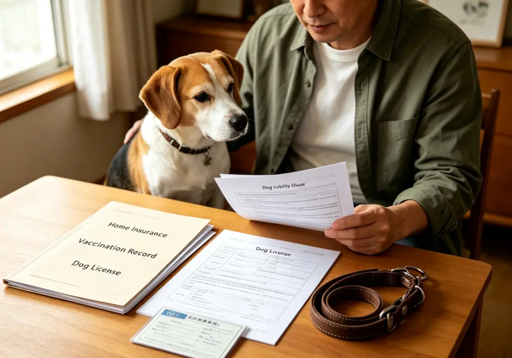 Dog owner reviewing liability insurance and vaccination records