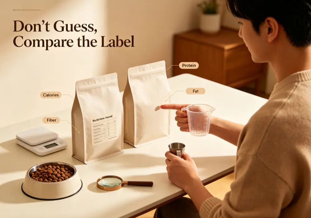 Dog owner comparing the nutrition labels on adult and senior dog food packages