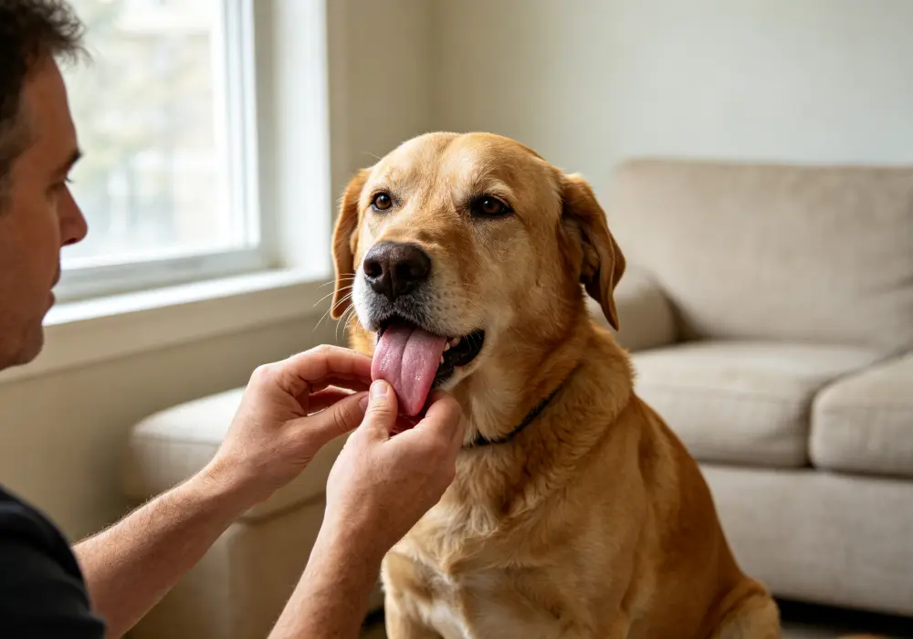 Owner checking a dog's healthy pink tongue using a dog tongue color chart