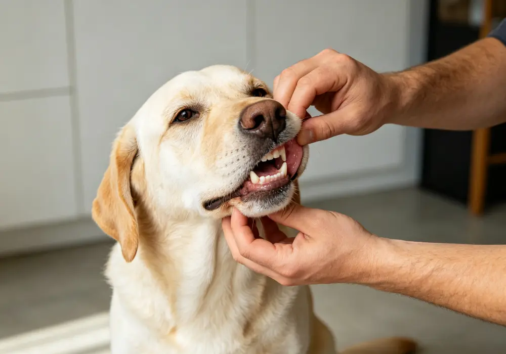 Healthy dog showing moist pink gums as a normal gum color reference