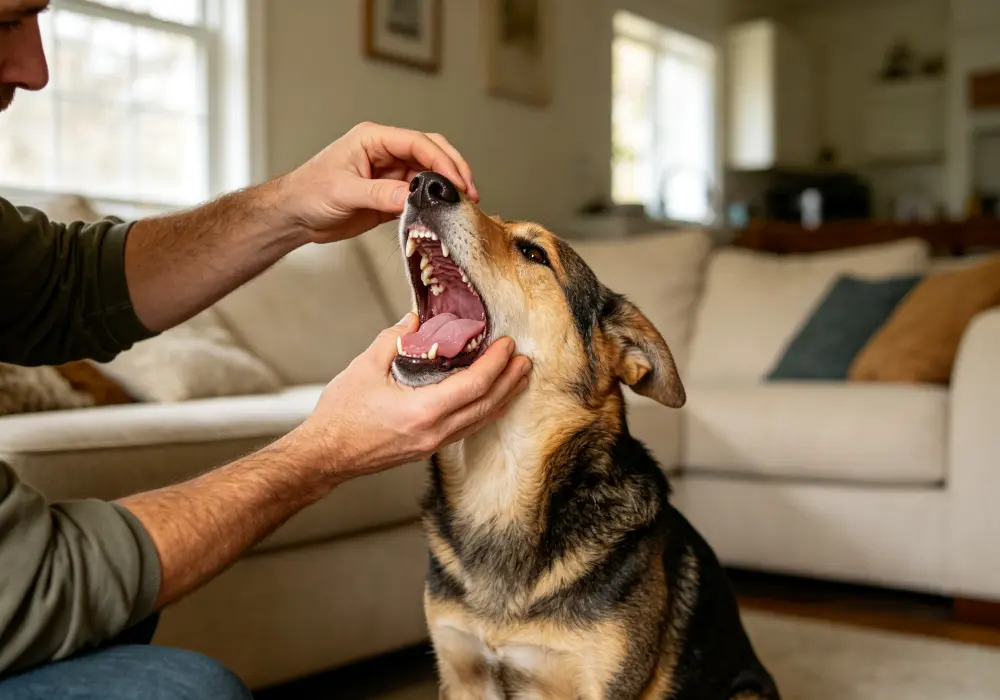 Owner safely checking a dog's tongue and gum color in natural light