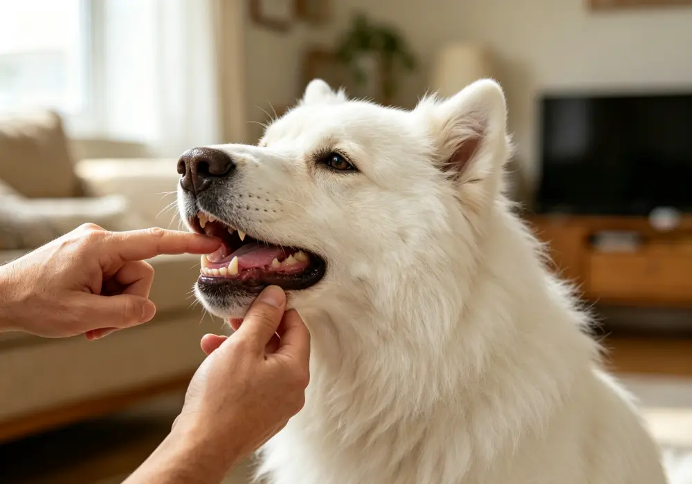 Owner checking a dog’s gum color and capillary refill time at home