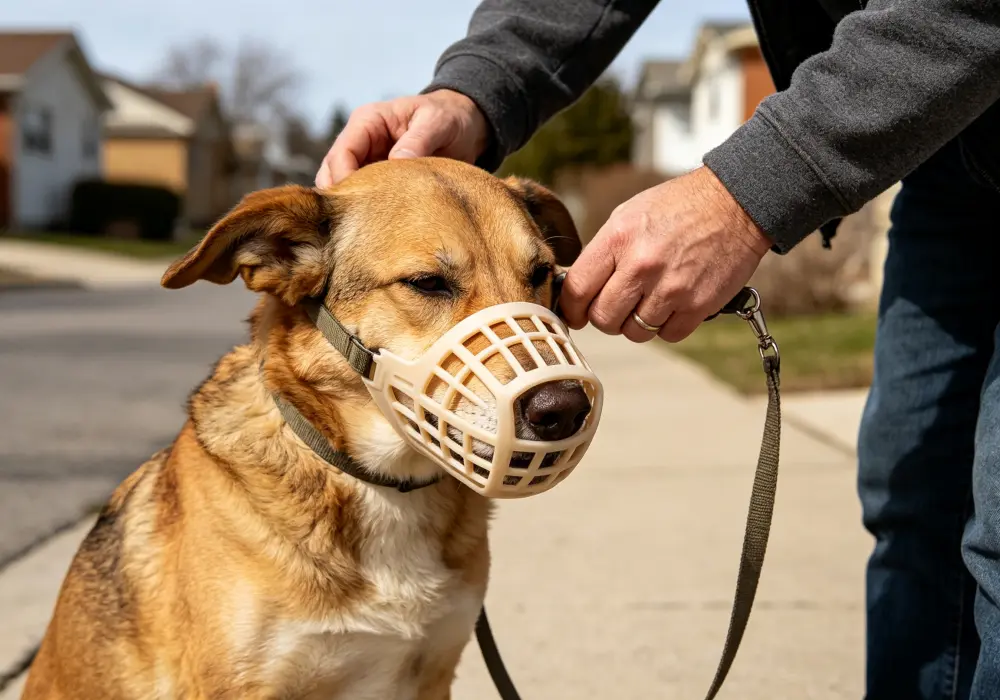 Owner fitting a basket muzzle and secure leash on a reactive dog