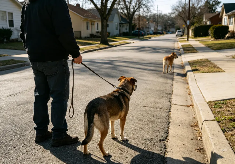 Owner keeping a reactive dog under control on a leash in public