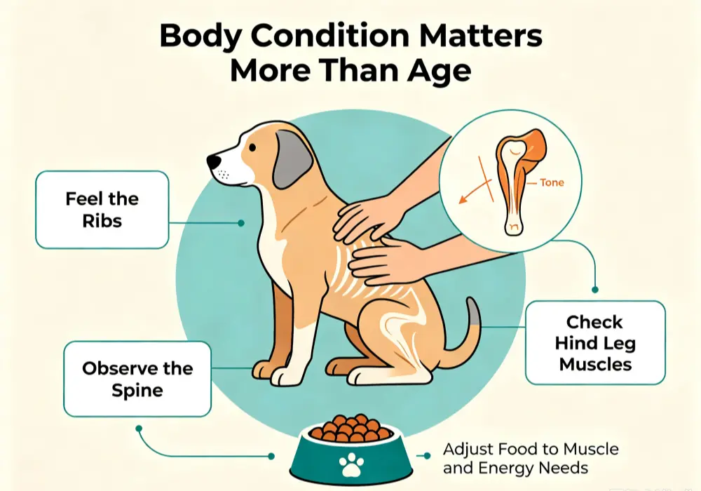 Owner checking a senior dog’s body condition and muscle over the ribs and back